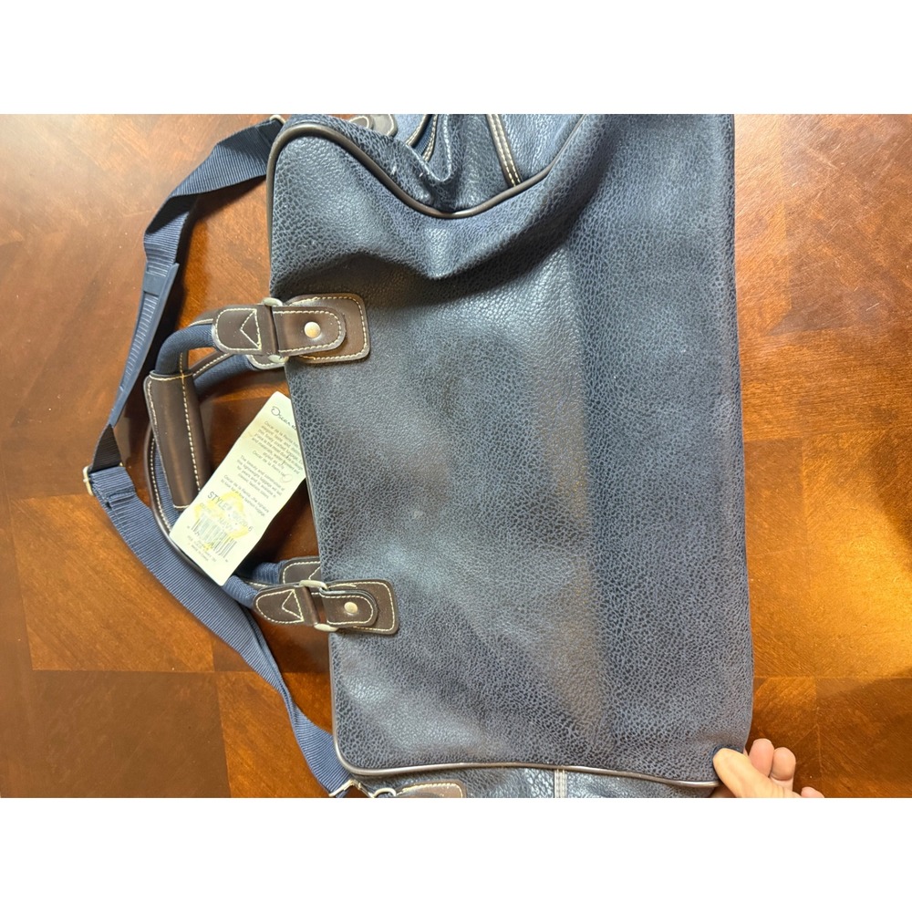 Vtg Oscar de la Renta Carry-On Bag Navy Pebble Suede 90s Weekender‎ Duffel Brown - Picture 12 of 12
